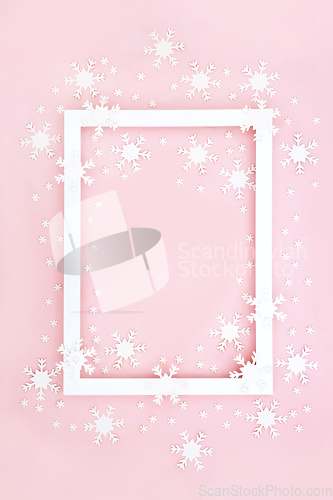 Image of Christmas Winter New Year Pink Background Snowflake Border  