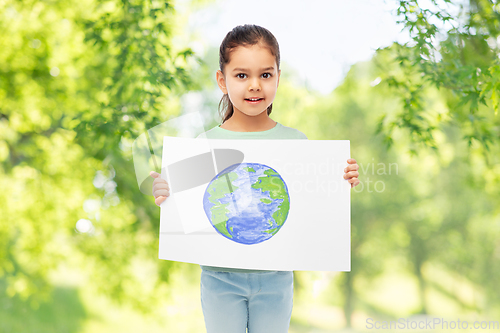 Image of smiling girl holding drawing of earth planet