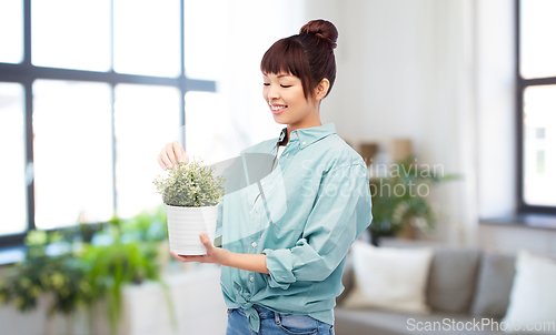 Image of happy smiling asian woman holding flower in pot