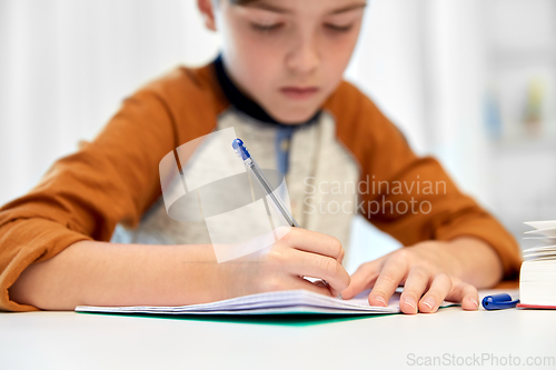 Image of student boy with book writing to notebook at home