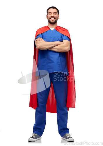 Image of smiling doctor or male nurse in superhero cape