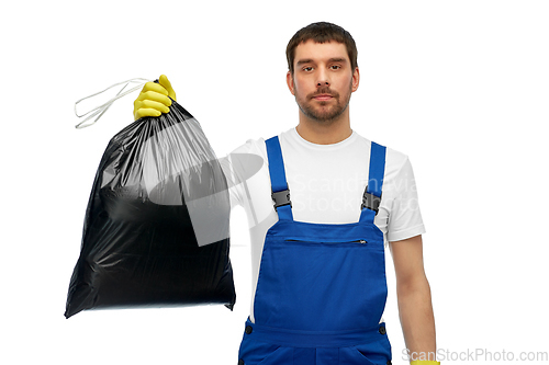 Image of male worker or cleaner with garbage bag