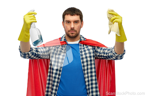 Image of man in superhero cape with rag and cleaner