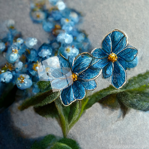 Image of Bunch of small blue forget me not flowers with leaves. 