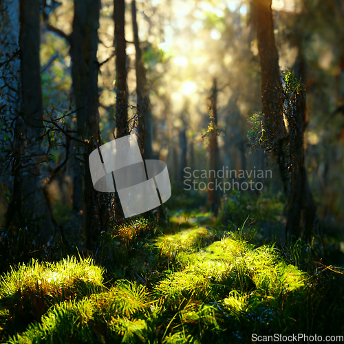 Image of Beautiful sunny morning in magic forest.