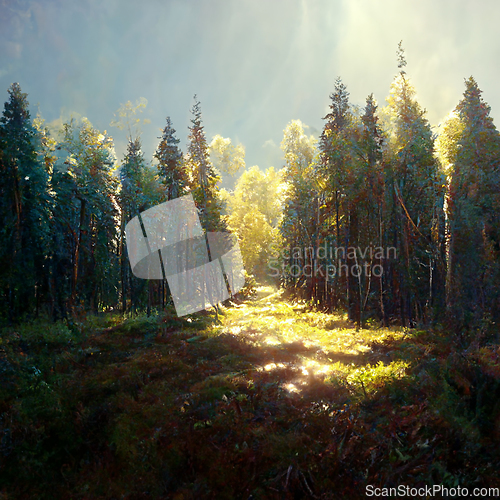 Image of Beautiful sunny morning in magic forest.