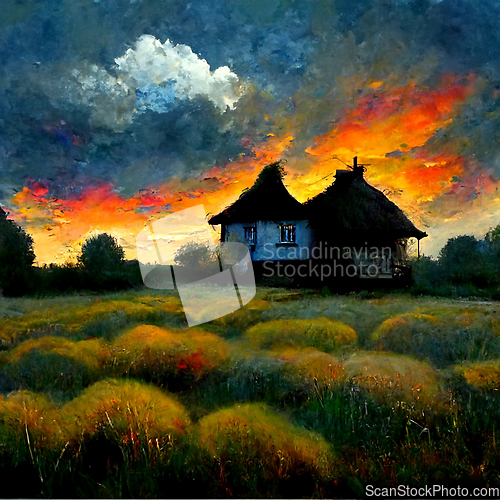 Image of Sunset countryside landscape with farm, agriculture field and ho