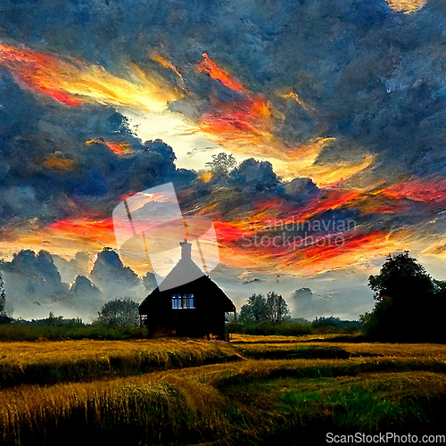 Image of Sunset countryside landscape with farm, agriculture field and ho