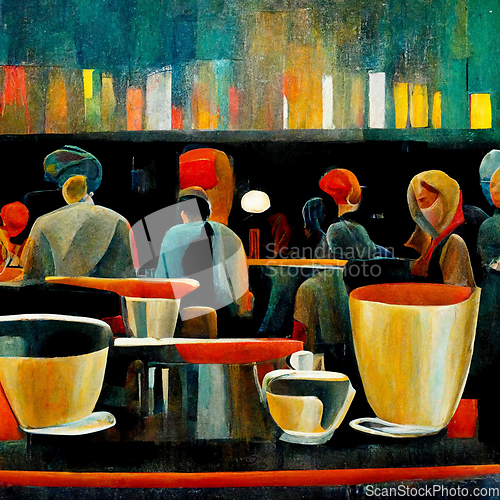 Image of People meeting in cafe, drinking beer in pub, sitting at table o