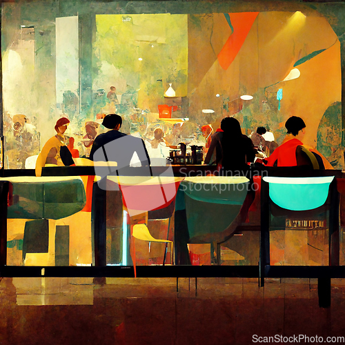 Image of People meeting in cafe, drinking beer in pub, sitting at table o