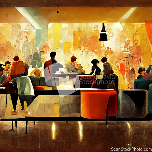 Image of Men and women dressed in elegant clothing sitting at bar, talkin