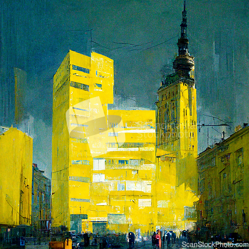 Image of Abstract buildings in city on watercolor painting.