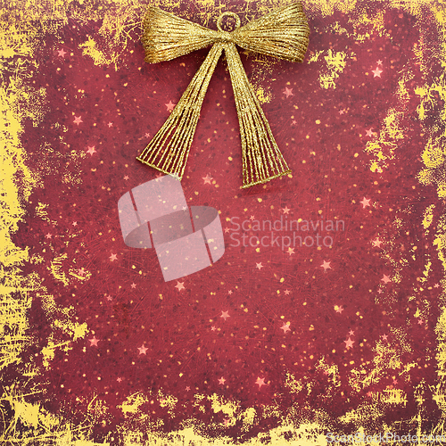 Image of Christmas New Year Gold Bow Abstract Red Grunge Background 