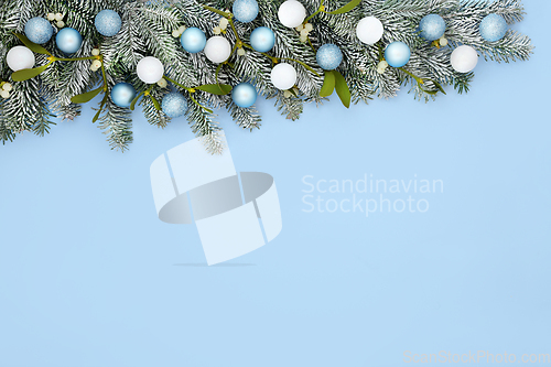 Image of Festive Christmas Background with Snow Fir and Tree Baubles