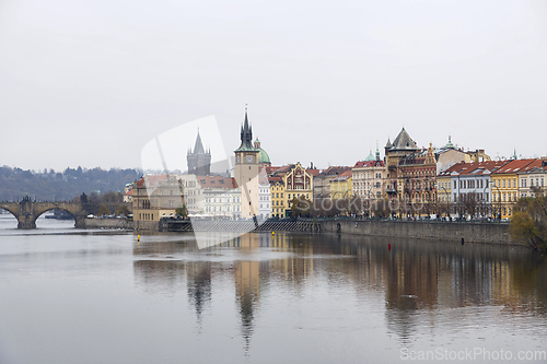 Image of View on beautiful Prague from the Vltava river in cloudy autumn 