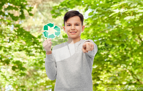 Image of happy boy with recycling sign pointing to you