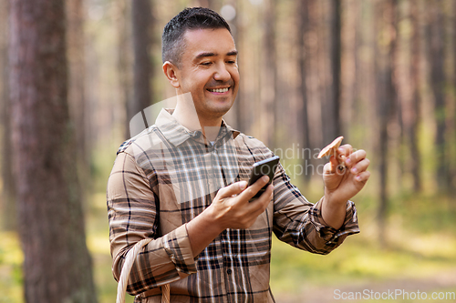 Image of man using smartphone to identify mushroom