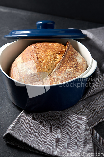 Image of homemade craft bread in ceramic baking dish