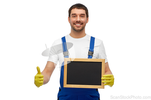 Image of male cleaner with chalkboard showing thumbs up