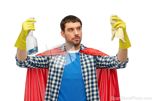 Image of man in superhero cape with rag and cleaner