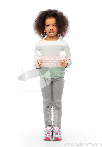 Image of african american girl with different light bulbs