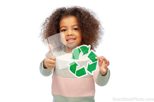 Image of african american girl holding green recycling sign