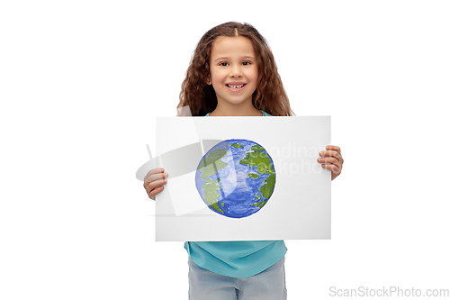 Image of smiling girl holding drawing of earth planet