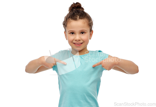 Image of happy smiling girl pointing fingers to herself