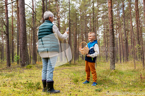 Image of grandmother photographing grandson with mushrooms