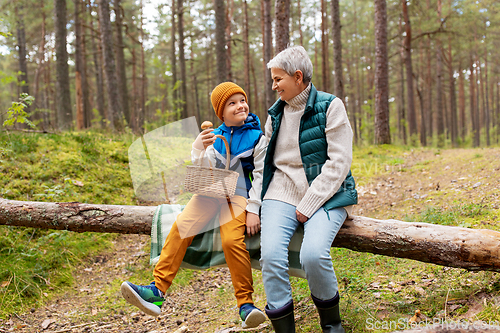 Image of grandmother and grandson with mushrooms in forest