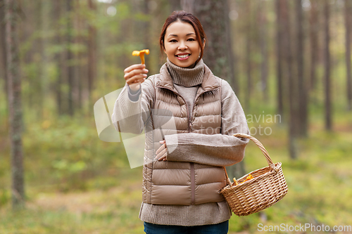 Image of young woman picking mushrooms in autumn forest