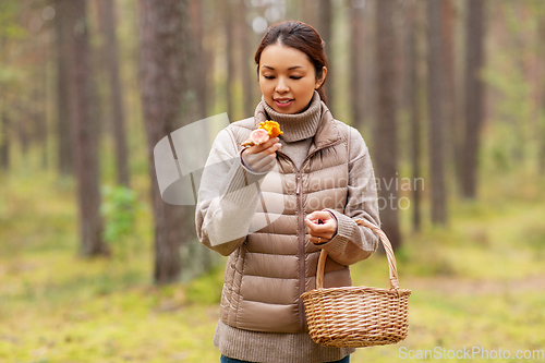 Image of young woman picking mushrooms in autumn forest