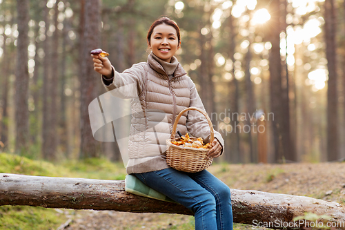 Image of woman with mushrooms in basket in autumn forest
