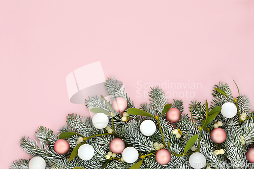 Image of Christmas Snow Fir Mistletoe Tree Decoration Background 