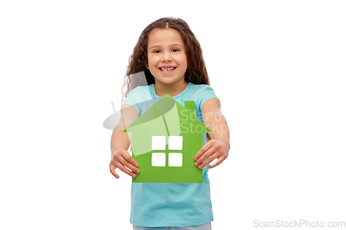 Image of smiling little girl holding green house icon