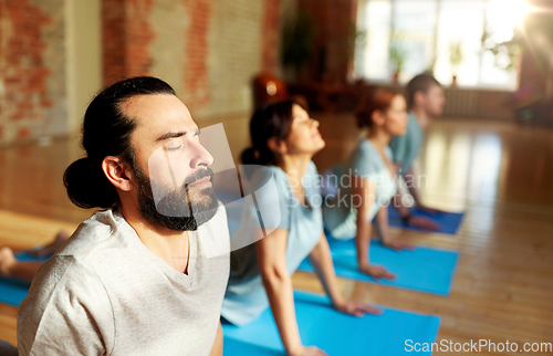 Image of group of people doing yoga cobra pose at studio