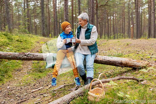 Image of grandmother with grandson drinking tea in forest