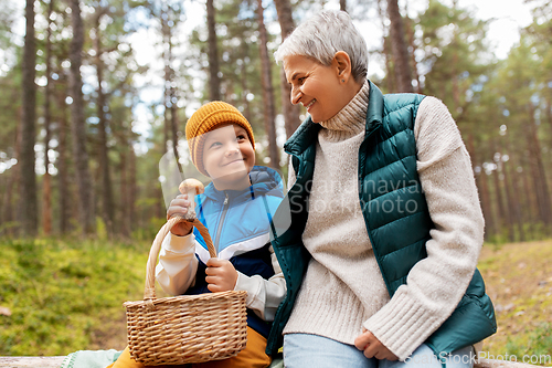 Image of grandmother and grandson with mushrooms in forest