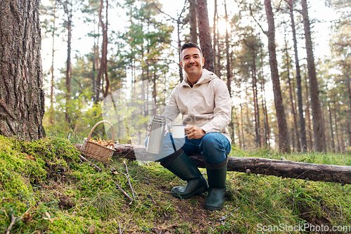 Image of man with basket of mushrooms drinks tea in forest