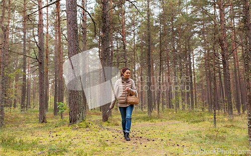 Image of young woman picking mushrooms in autumn forest