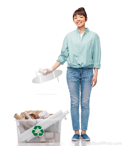 Image of happy smiling asian woman sorting paper waste