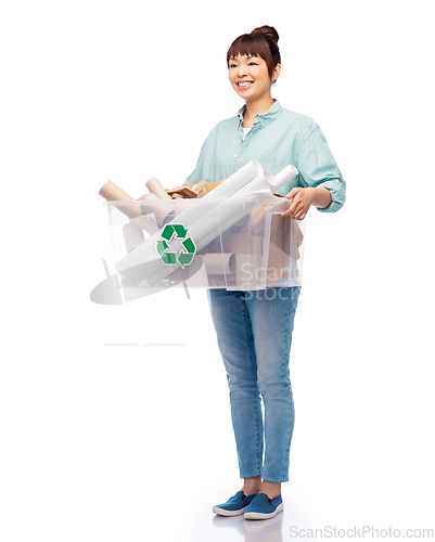 Image of happy smiling asian woman sorting paper waste