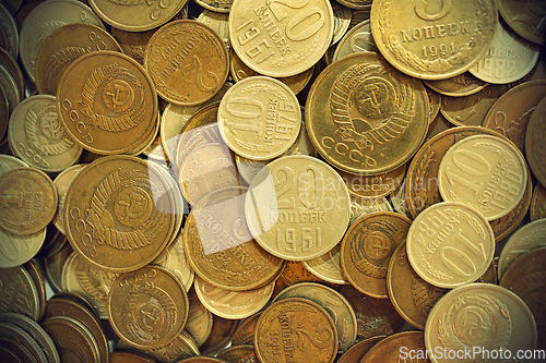 Image of Soviet union coins background. Metal money of USSR.