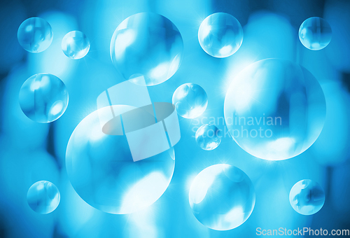 Image of Abstract blue background with transparent 3d bubbles