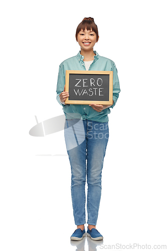 Image of asian woman holds chalkboard with zero waste words