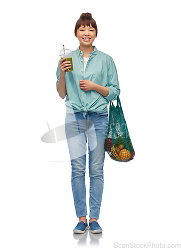 Image of asian woman with drink and food in reusable bag