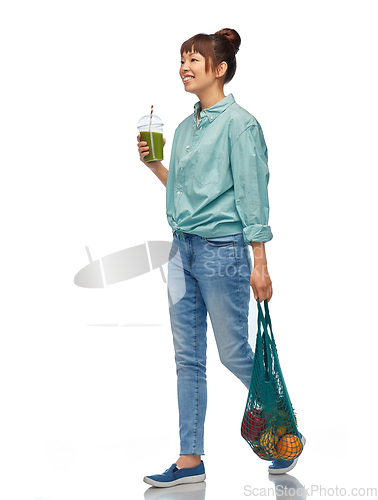 Image of asian woman with drink and food in reusable bag