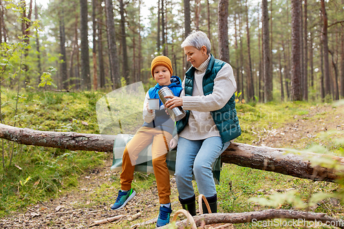 Image of grandmother with grandson drinking tea in forest