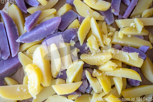 Image of Raw sliced blue and yellow potatoes