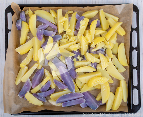 Image of Raw sliced blue and yellow potatoes